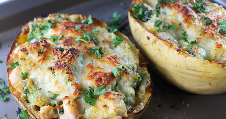 Spaghetti Squash Chicken Alfredo with Broccoli and Shrimp