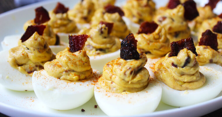 Candied Bacon and Caramelized Onion Deviled Eggs