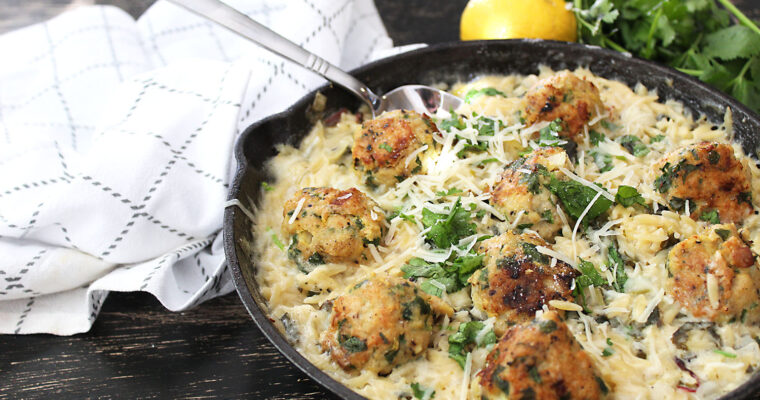 Parmesan Spinach Orzo with Chicken Meatballs