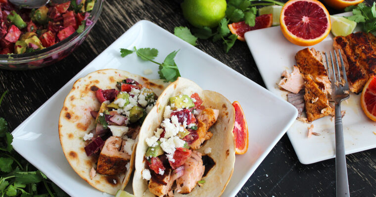 Blackened Salmon Tacos with Blood Orange Salsa